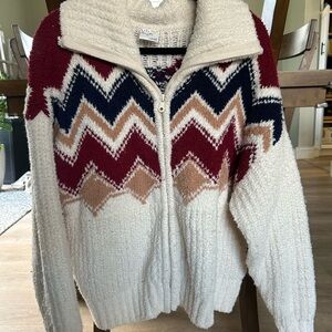 Aerie Chevron Zip-Up Cardigan - Cream, Burgundy, Navy, Tan
